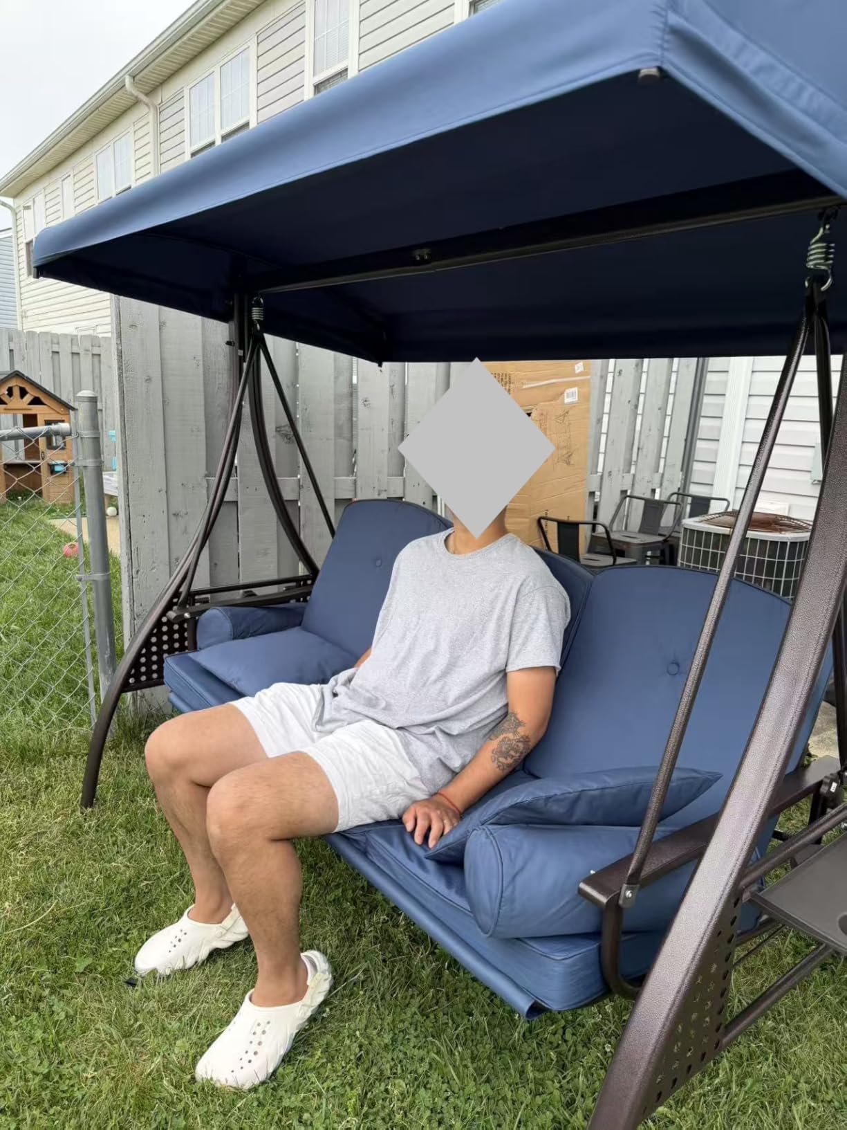 3 in 1 Outdoor Porch Swing with Adjustable Canopy, 3 Seat Outdoor Swing for Adults, Patio Swing Chair with Thickened Cushions,Pillows & Cup Holders for Backyard, Porch, Garden (Blue) customer photo 2