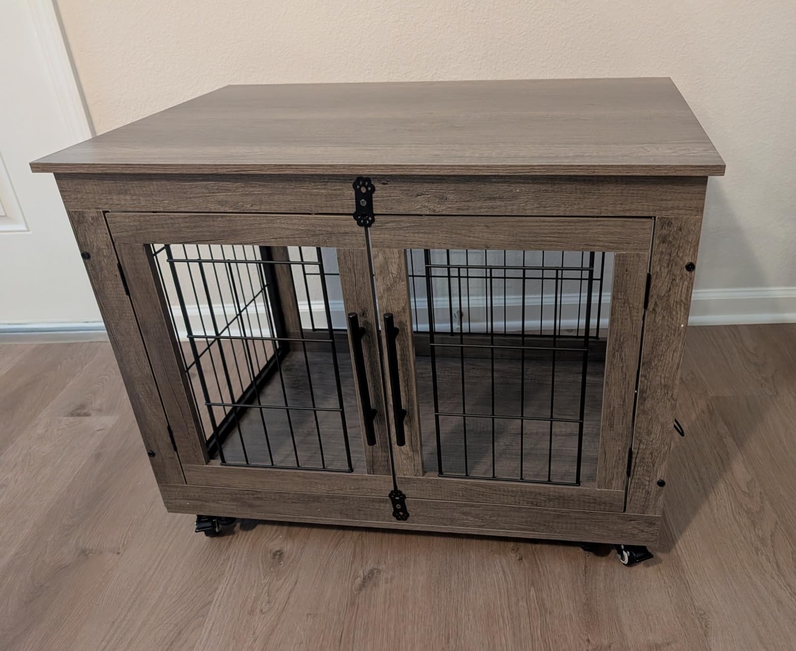 YaFiti Dog Crate Furniture, 32.5” Wooden Indoor Dog Kennel, Rustic Brown | Cushion, Wheels, Double Doors, Furniture Style, Side End Table, Decorative Pet Cage House, Up to 45 lb, for Small/Medium Dogs customer photo 1