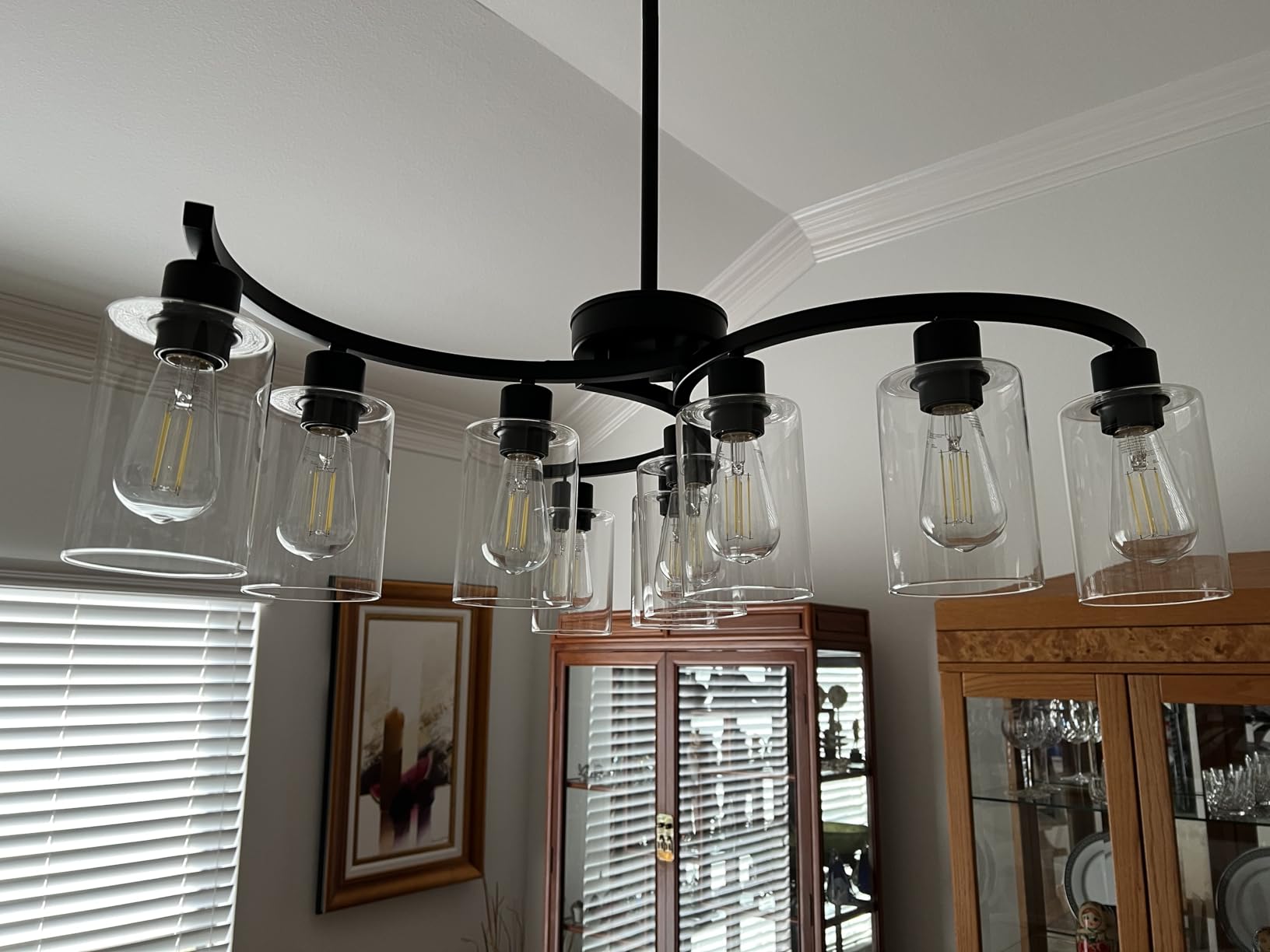 CNRATYE 6-Light Modern Farmhouse Black Chandelier, Contemporary Dining Room Light Fixture, Adjustable Height Hanging Industrial Pendant Lights Kitchen Island, Clear Glass Shade customer photo 2