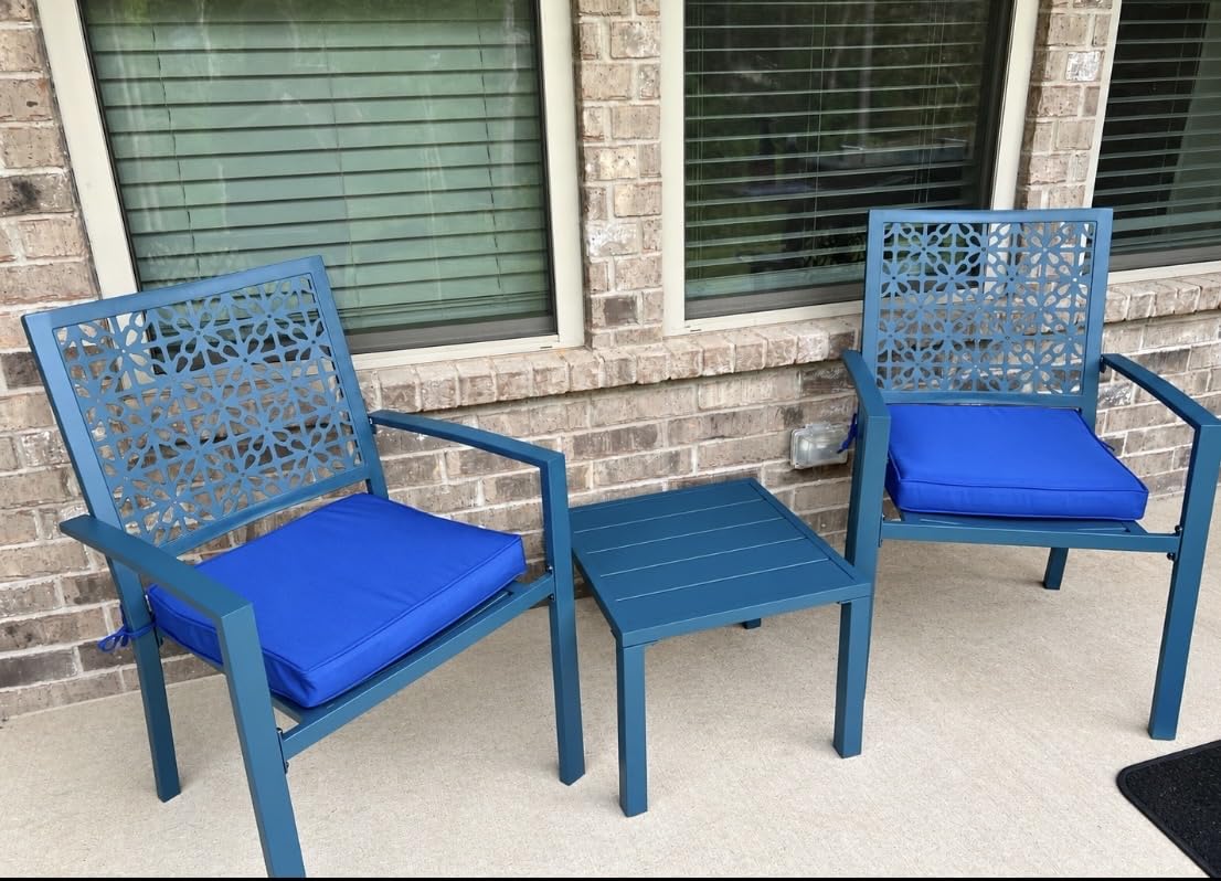 Best Choice Products 3-Piece Outdoor Bistro Set, Stackable Modern Steel Furniture for Porch, Garden w/ 2 Chairs, Table, Geometric Decor - Peacock Blue customer photo 2