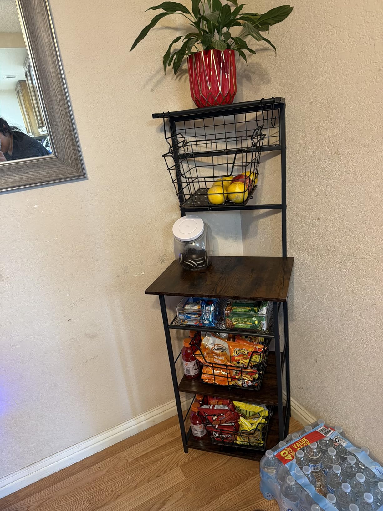 5 Tier Coffee Bar Station, Kitchen Stand with 4 S-Shaped Hooks, Farmhouse Corner Coffee Bar Cabinet for Small Spaces, Bakers Rack for Kitchen, Entryway, Living Room, 13.43