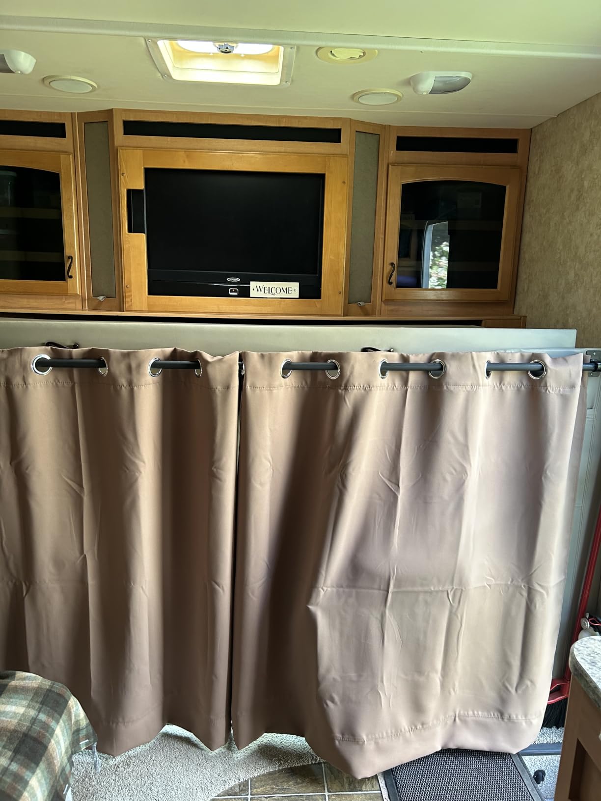 NICETOWN 100% Full Blackout Portable Curtains for Bedroom, Grommet Lightweight Travel Black Out Shades Window Treatments Thermal Curtains for Laundry/Kitchen, Tan, W52 x L63, 2 Panels customer photo 2