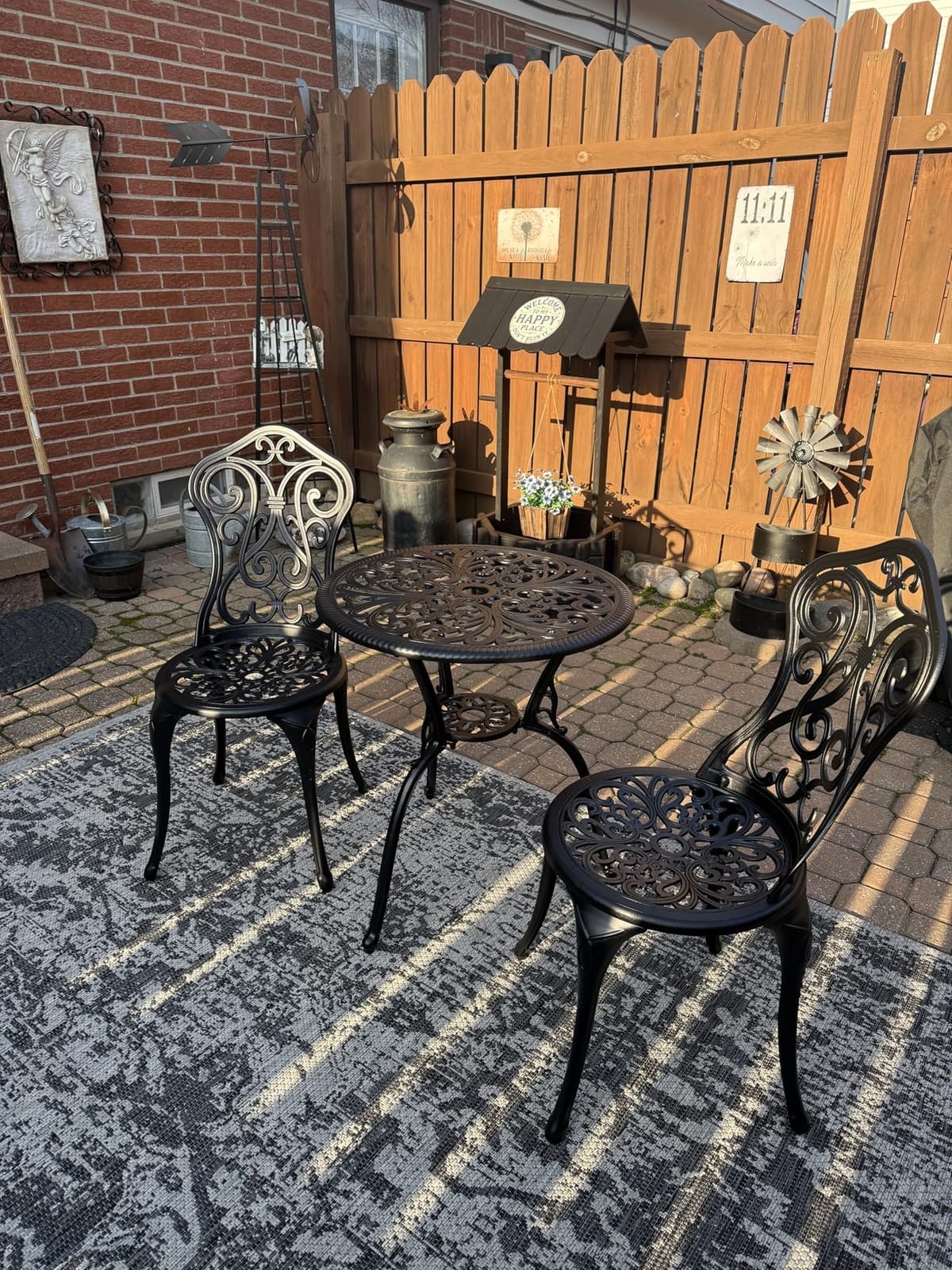 NUU GARDEN 3 Piece Bistro Set Outdoor, All Weather Cast Aluminum Patio Bistro Sets Patio Table and Chairs Set of 2 with Umbrella Hole for Yard and Balcony, Black, Butterfly Backrest customer photo 1