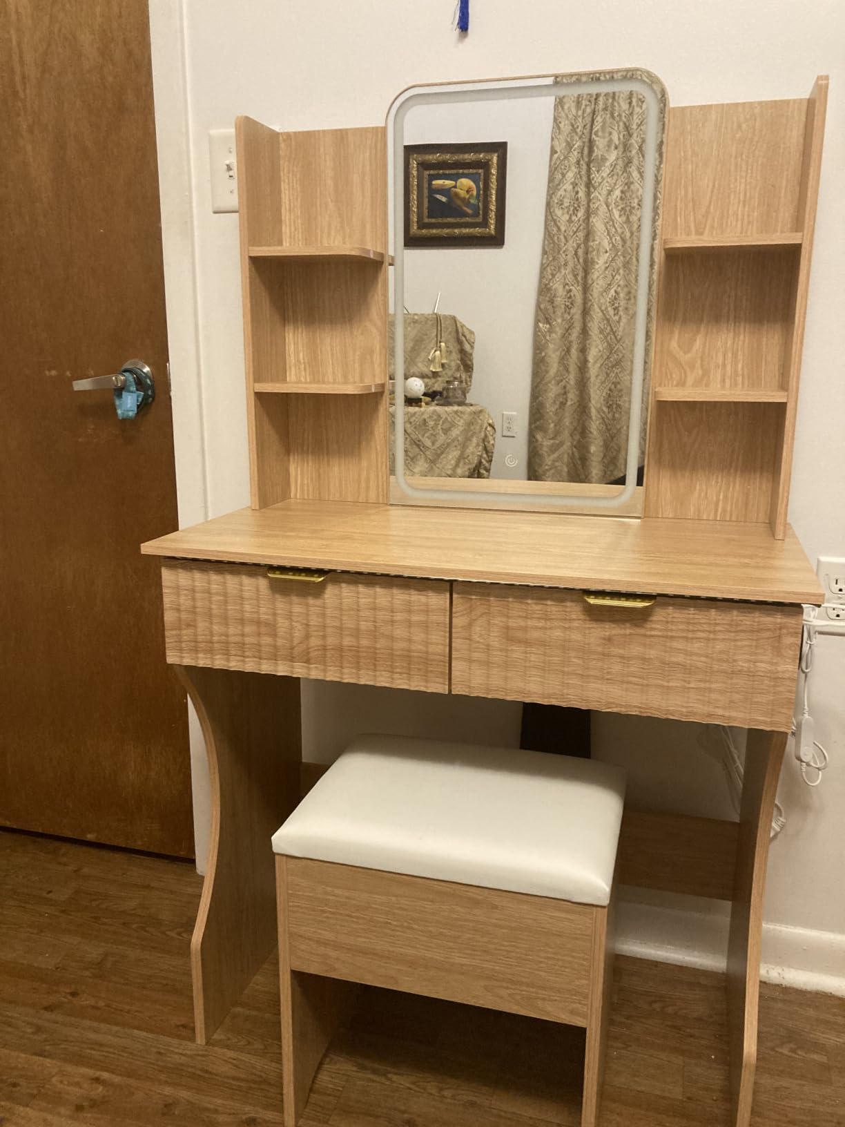 Vanity Desk with LED Lights Mirror & Power Outlet, Small Makeup Vanity Table Set with Storage Drawers & Chair, 3 Lighting Modes & Adjustable Brightness, Dressing Table for Women Girls Bedroom, White customer photo 1