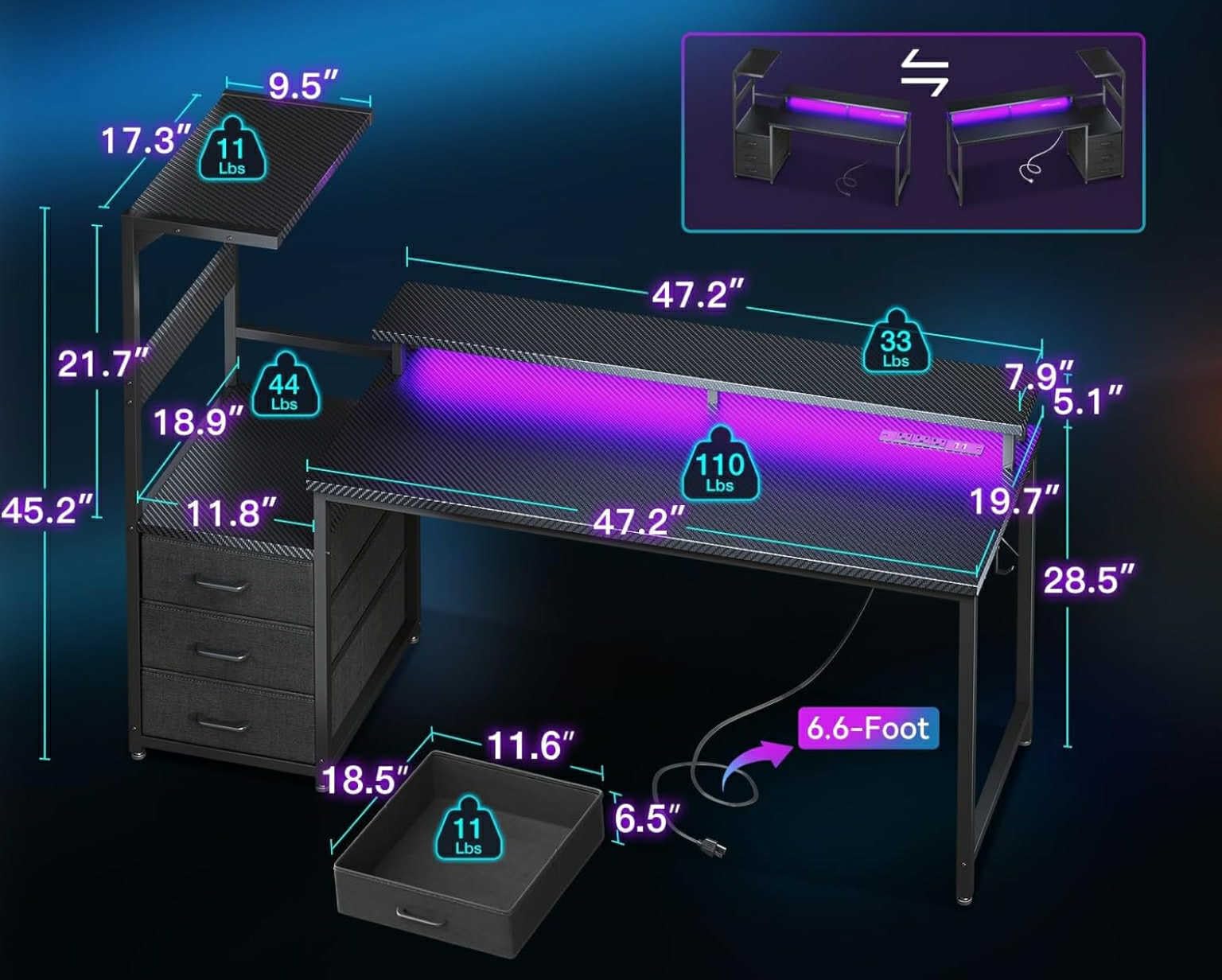 AODK Gaming Desk w/PC Showcase Stand, 59