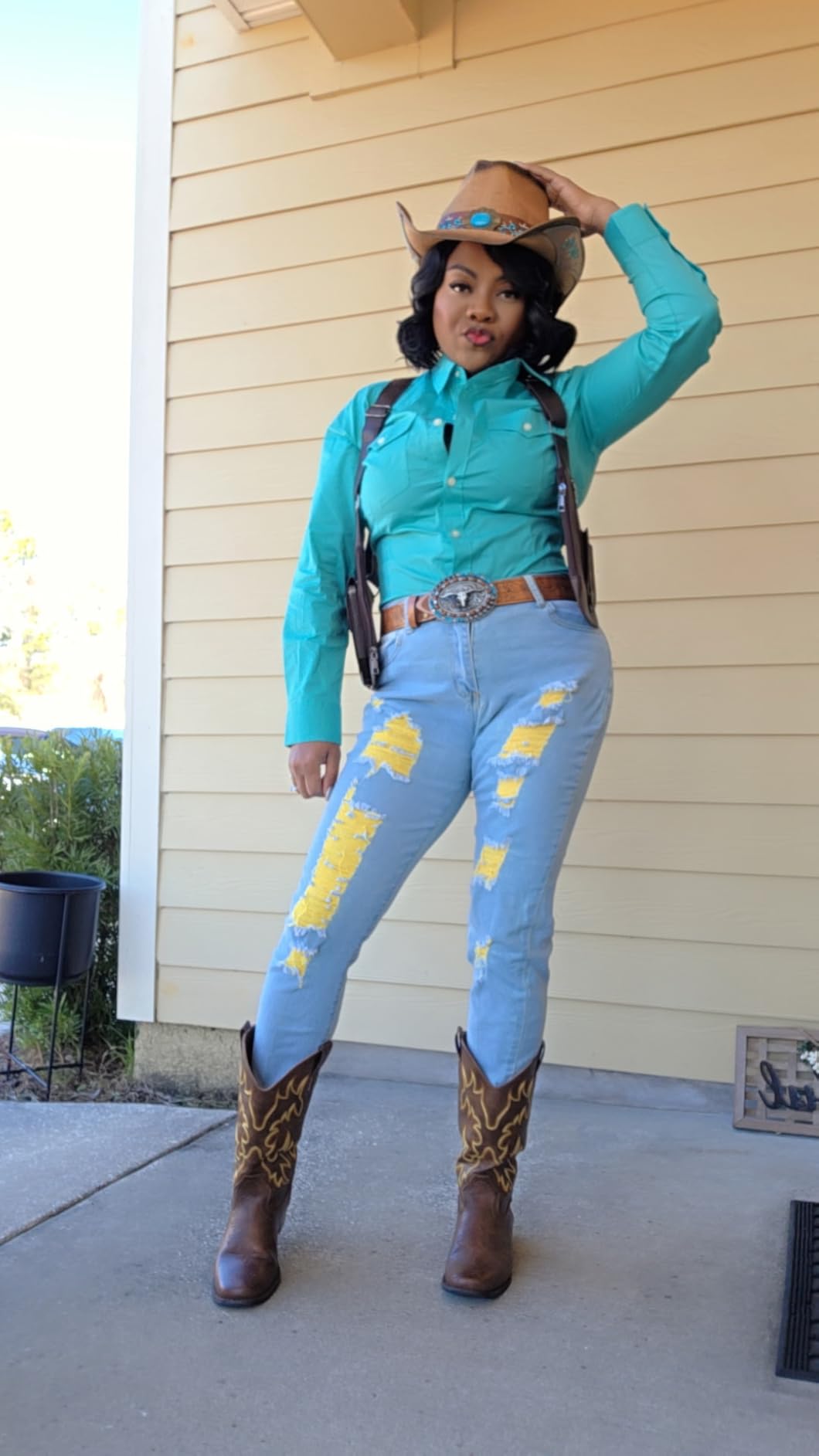 Women's Retro Long Sleeve Cool Blue Solid Western Shirt customer photo 2