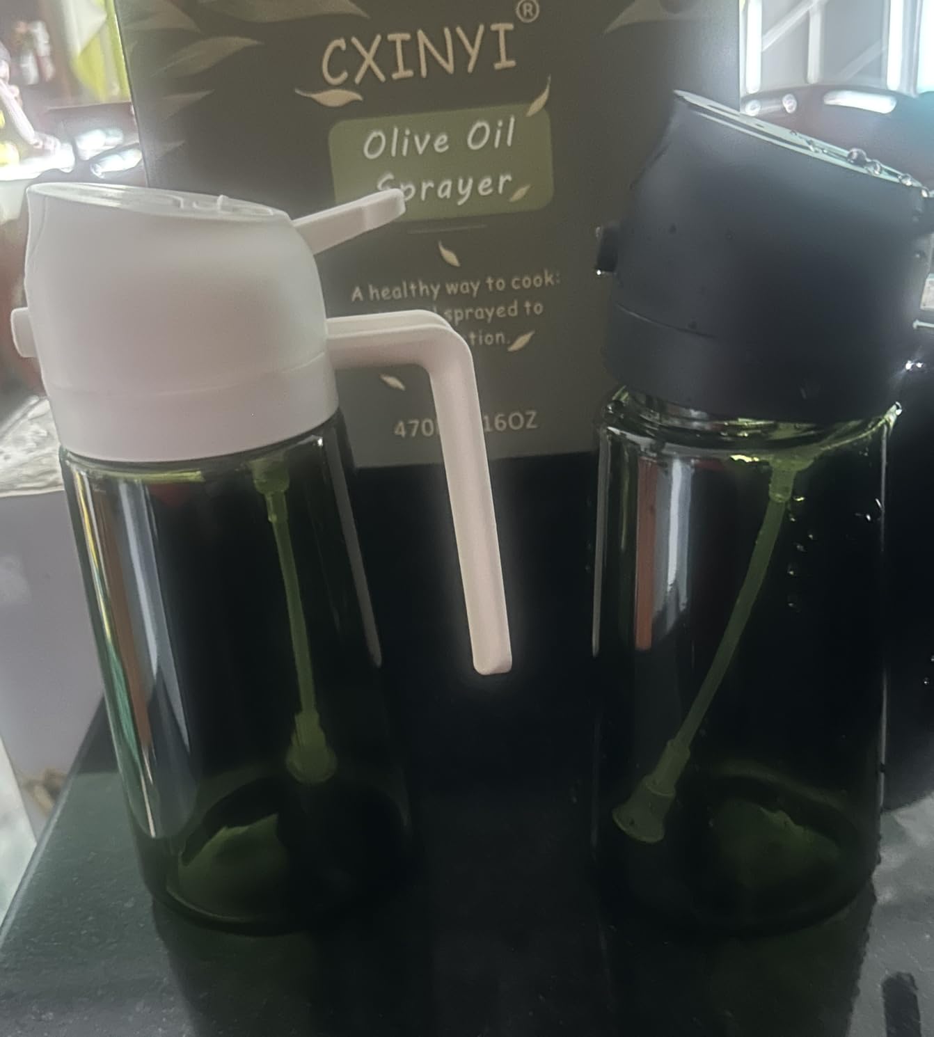 CXINYI - 16oz/470ml Olive Oil Dispenser for Kitchen with Stickers - 2 in 1 Olive Oil Sprayer for Cooking, Air Fryer, and Salad, Black&Green (Light-Proof Kitchen Gadget) customer photo 1