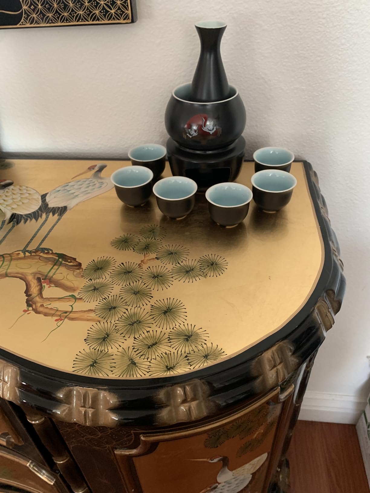 Japanese Ceramic Sake Set, Cups, Bottle, Warmer, Tray, Carrying Case | Sake set with ceramic cups, bottle, warmer, bamboo tray, and cloth case customer photo 1