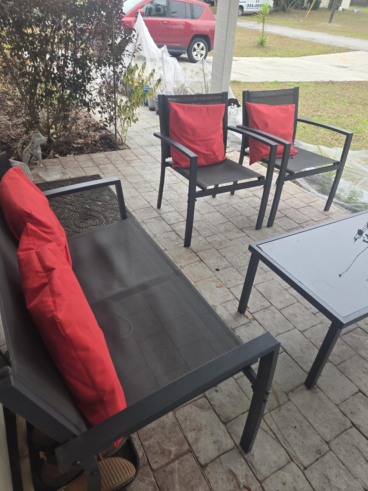 Shintenchi 4 Pieces Patio Furniture Set All Weather Textile Fabric Outdoor Conversation Set, with Glass Coffee Table, Loveseat, 2 Single Chairs for Home, Garden, Lawn, Porch（Gray） customer photo 2