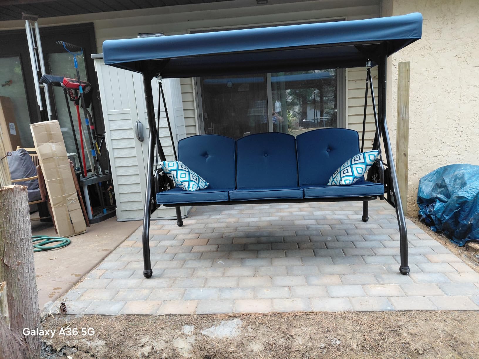 ZZW 3 Seat Outdoor Porch Patio Swing with Stand 800lbs 2-in-1 Convertible Swing Bed with Adjustable Canopy & Removable Cushion for Yard Garden Deck (Blue, Square Tube) customer photo 1