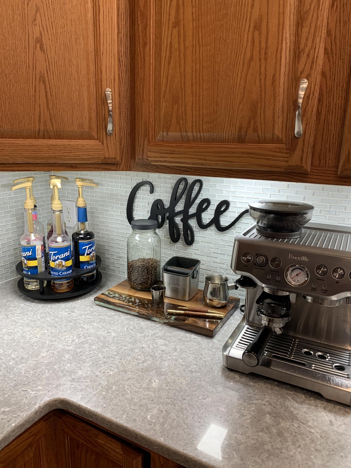 THYGIFTREE Rotating Coffee Syrup Organizer for Countertop, 9-Bottle Wooden Syrup Rack & Bottle Holder for Coffee Bar Station, Turntable Display Stand, Black customer photo 1