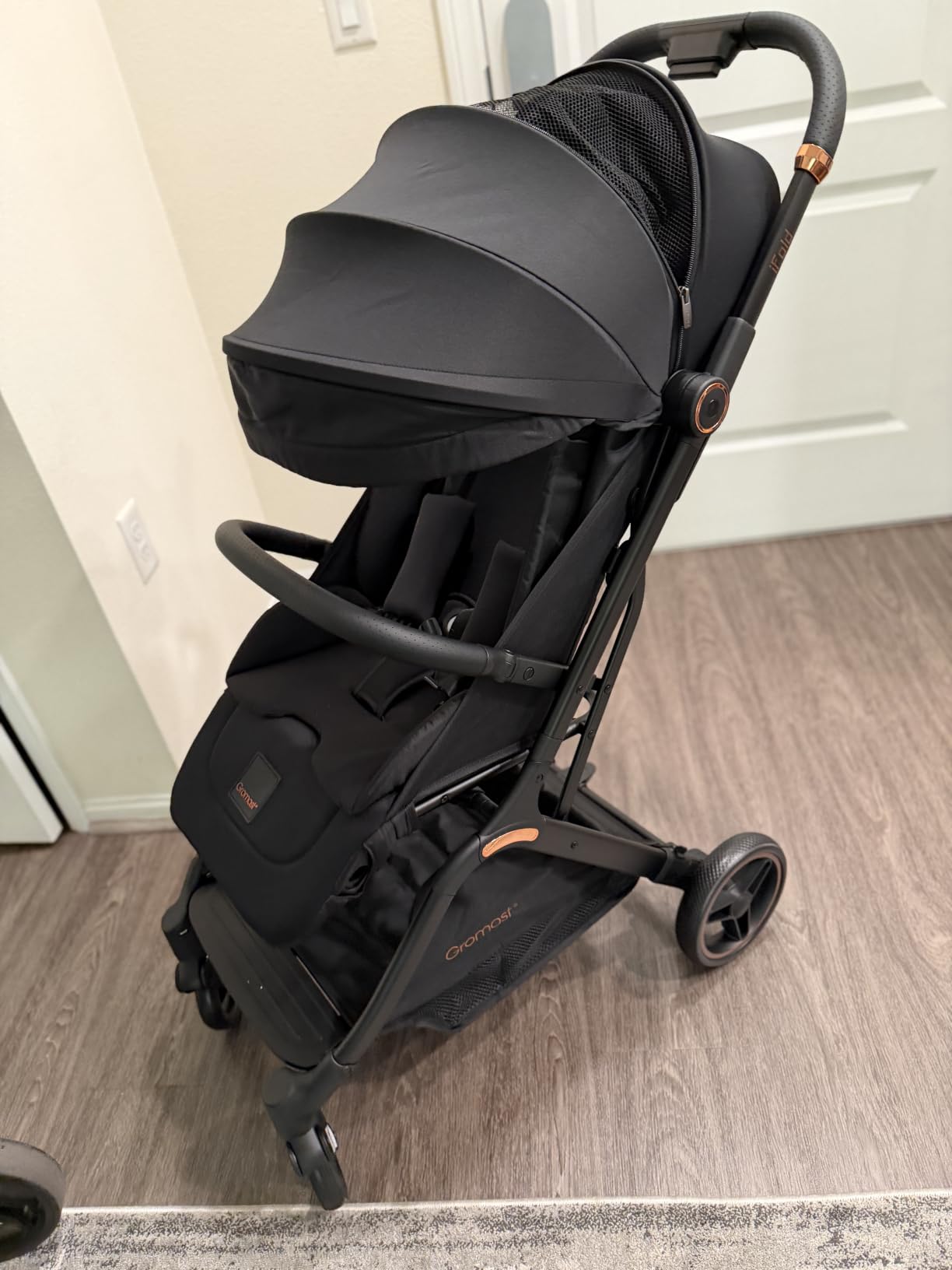 Gromast Gravity Folding Baby Stroller - Portable Travel Toddler Stroller w/Adjustable Backrest, Canopy & Cup Holder, Lightweight and UV Protected, One-Hand Automatic Folding - Black customer photo 2