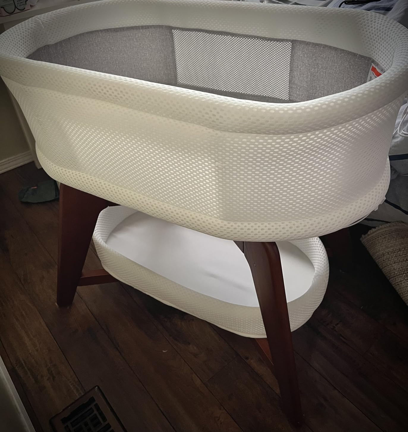 TruBliss Evi Smart Baby Bassinet Beside Sleeper with Auto-Glide, Ambient Nightlight & Sensory Sounds, Compatible with Alexa and Google Home, Includes 2 Sheets (White w/Mint Green Legs) customer photo 2