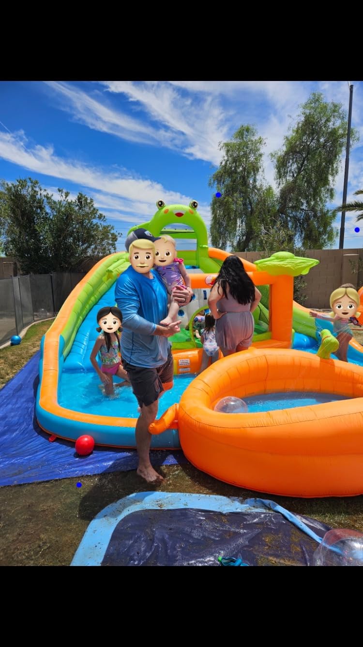 WELLFUNTIME Inflatable Water Double Slides Park with Blower, Bouncy Castle with Water Cannon, Dino Pool, Frog Castle, Climbing Wall, Basketball Hoop, Backyard Water Park for Kids customer photo 2