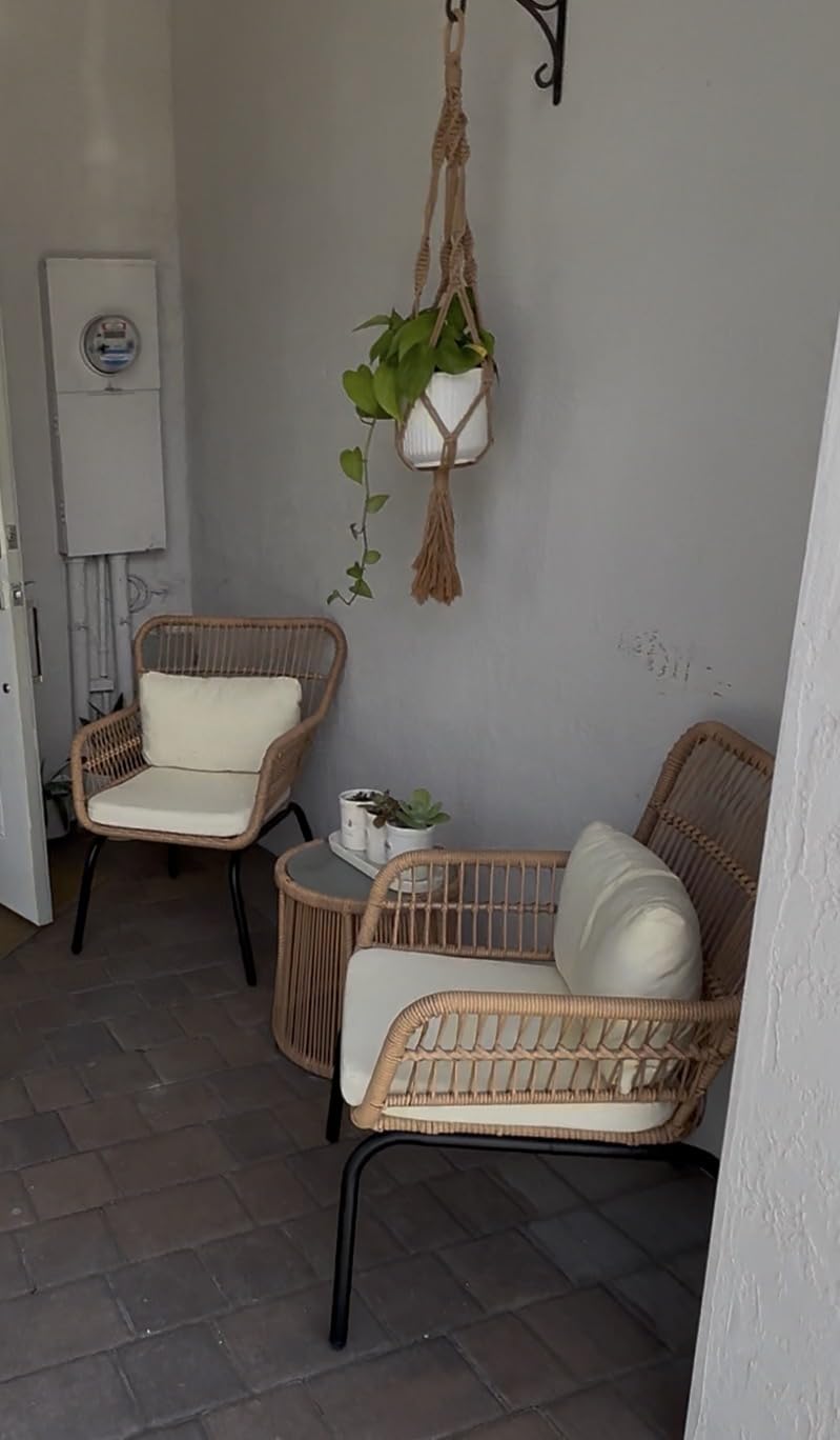 3 Piece Outdoor Wicker Furniture Bistro Set, Rattan Chairs Conversation Sets Wicker Patio Furniture for Balcony Poolside Backyard, Yellow/Beige customer photo 1