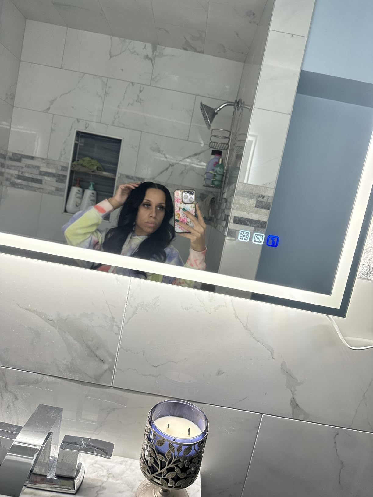 SBAGNO 36x36 LED-Bathroom-Mirror-with-Bluetooth, Dimmable-Lighted-Bathroom-Vanity-Mirror-with-3-Colors,Backlit + Front Lit, Memory Function, Anti-Fog, Tempered Glass, Horizontal/Vertical customer photo 2