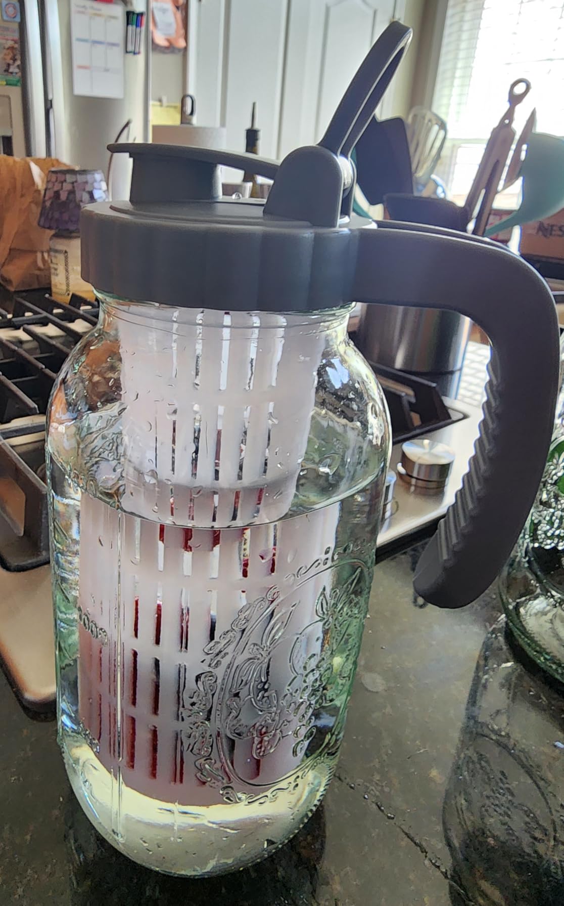 Mason Jar Pitcher With Fruit Infuser 2 Quart Water Pitcher With Pour Spout Lid 2 Pack Half gallon Wide Mouth Glass Carafe For Milk, Fruit Infused Water, Iced Tea, Lemonade, Cocktail, Cold Brew Coffee customer photo 1