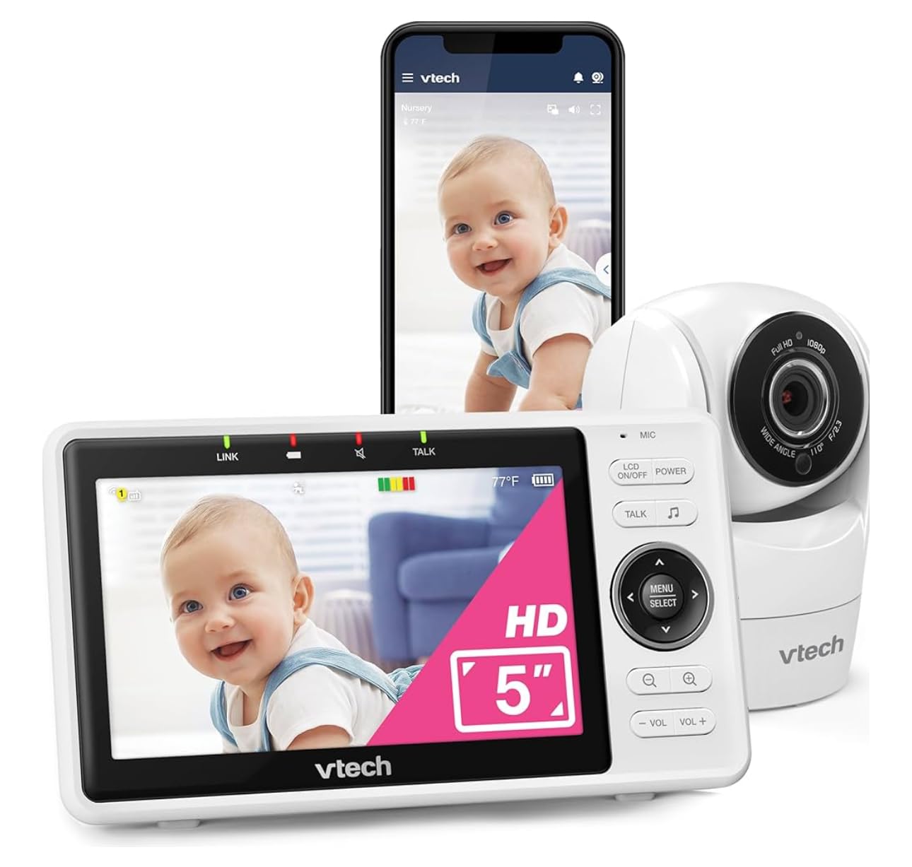 VTech Smart WiFi Baby Monitor, 2 Cameras – See Both Rooms at Home or from Anywhere, Free App, 1080p Split Screen, 5