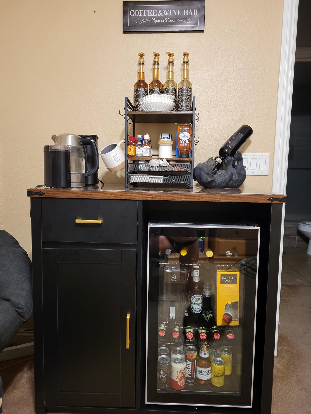 GDLF Coffee Bar Cabinet with Fridge Space, Mini Fridge Stand, Black | Compact Refrigerator Stand, Large Drawer & Cabinet, Black Finish with Warm Brown Top for Kitchen, Office, Dorm & Snack Bar customer photo 1
