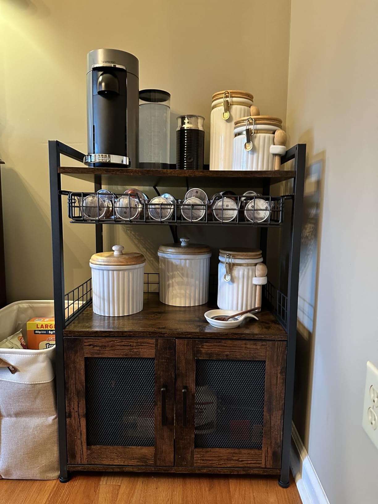 3 Tier Slim Rolling Coffee Cart with 2-Door & Pull-Out Wire Basket Drawer, Coffee Bar Cabinet on Lockable Casters, 32.7