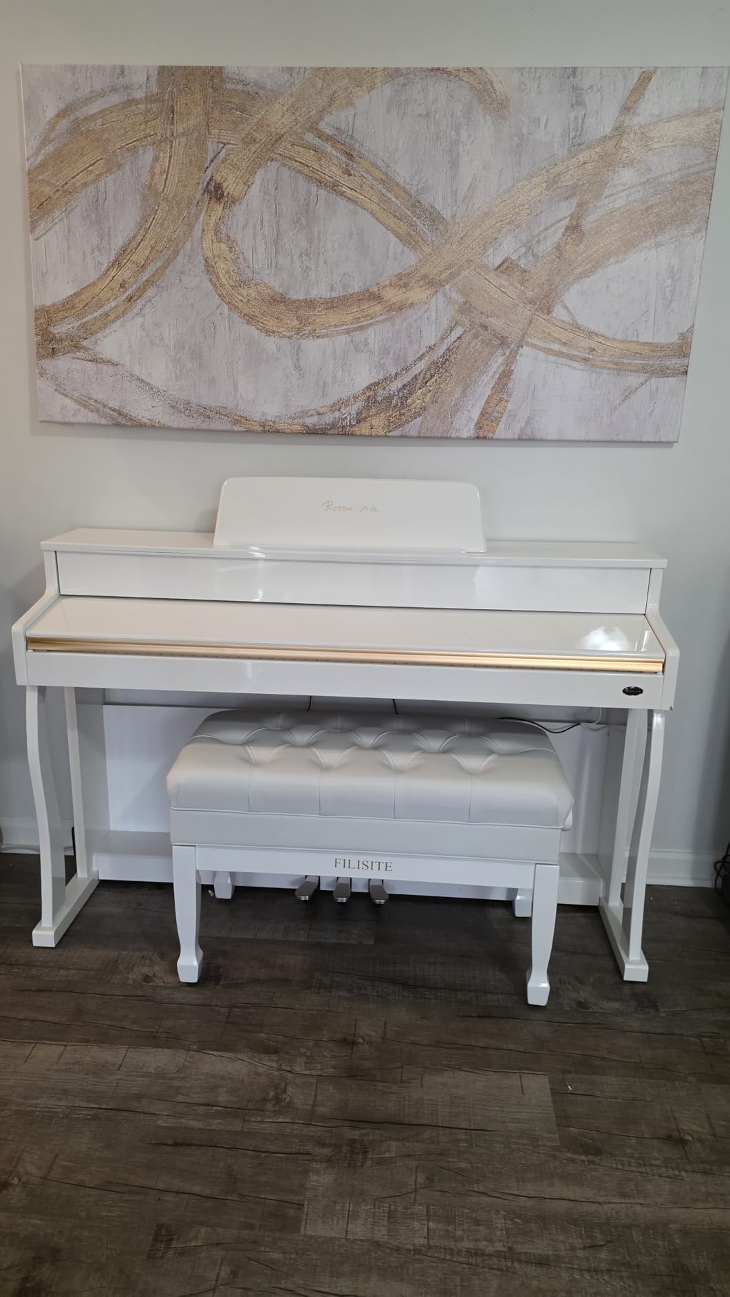 Adjustable Duet Piano Bench with Storage, Heavy Duty Solid Wood Double Piano Stool Keyboard Bench Seat with PU Leather Padded Cushion (Wood) customer photo 1