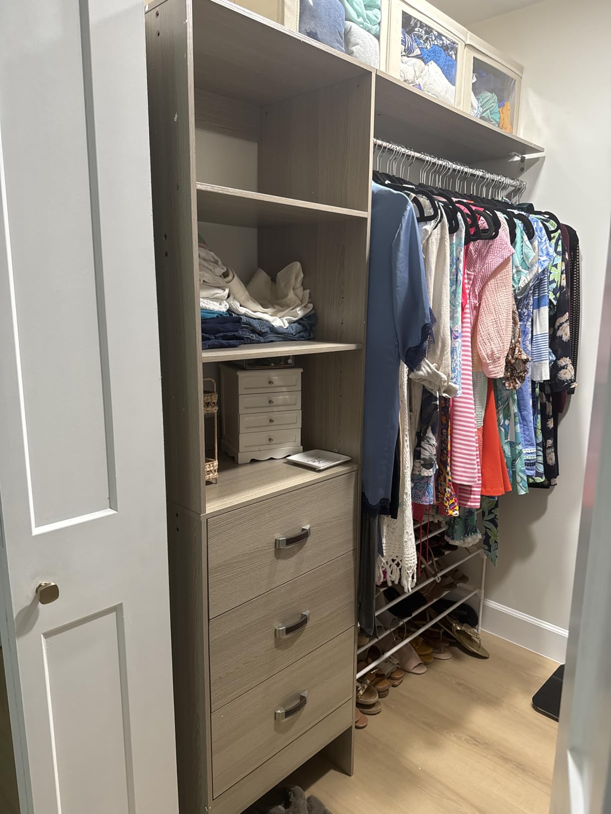 Besiost Closet System with Drawer - 8FT Wood Closet Organizer System with 3 Hanging Rods and Shelving Tower, 96