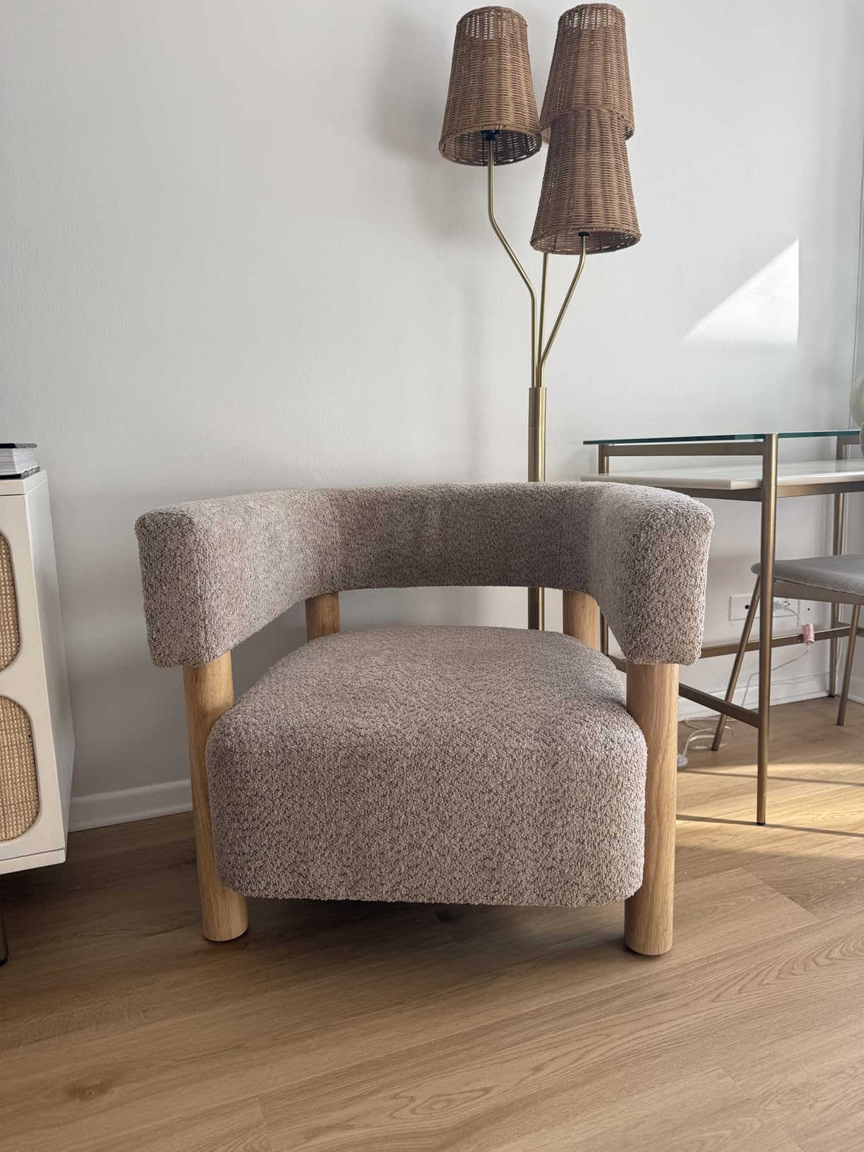 Christopher Knight Home Carly Low Profile Accent Chair, Round Backrest Side Chair, Living Room Armchair with Boucle Fabric Cushion, Comfy Reading Chair for Bedroom, Wooden Single Lounge Sofa, Wheat customer photo 1
