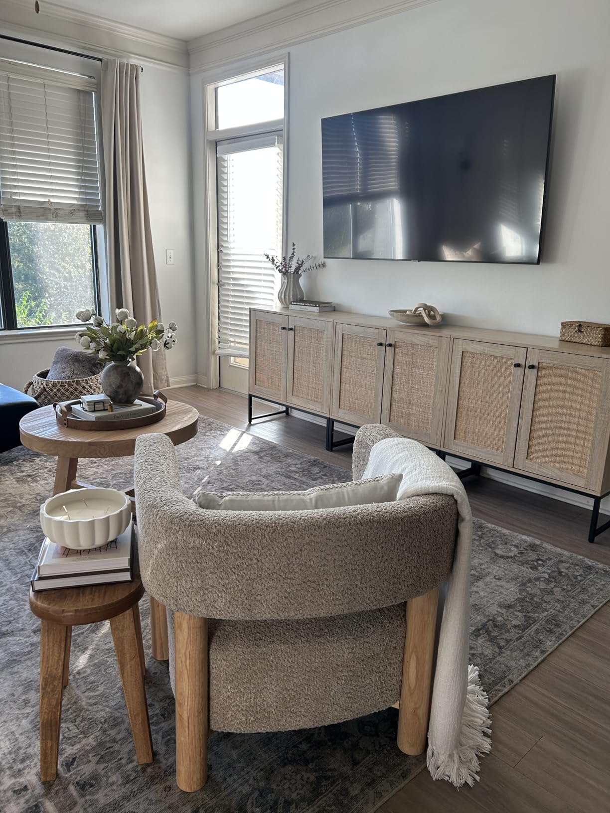 Christopher Knight Home Carly Low Profile Accent Chair, Round Backrest Side Chair, Living Room Armchair with Boucle Fabric Cushion, Comfy Reading Chair for Bedroom, Wooden Single Lounge Sofa, Wheat customer photo 2