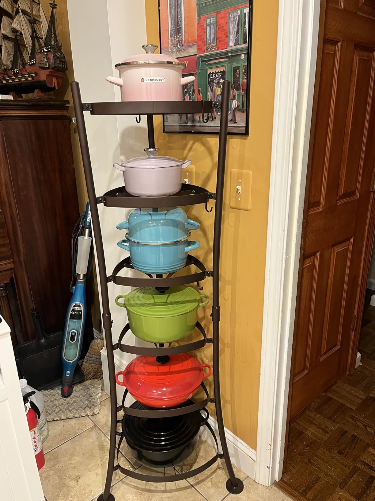 KES 264 Lbs Capacity Freestanding Pot Rack, 6-Tier Cast Iron Cookware Stand with 6 Hooks, Pots and Pans Storage Tower for Kitchen Corner, Stable Base, Anti-tip Strap & Floor Protectors, Black customer photo 1