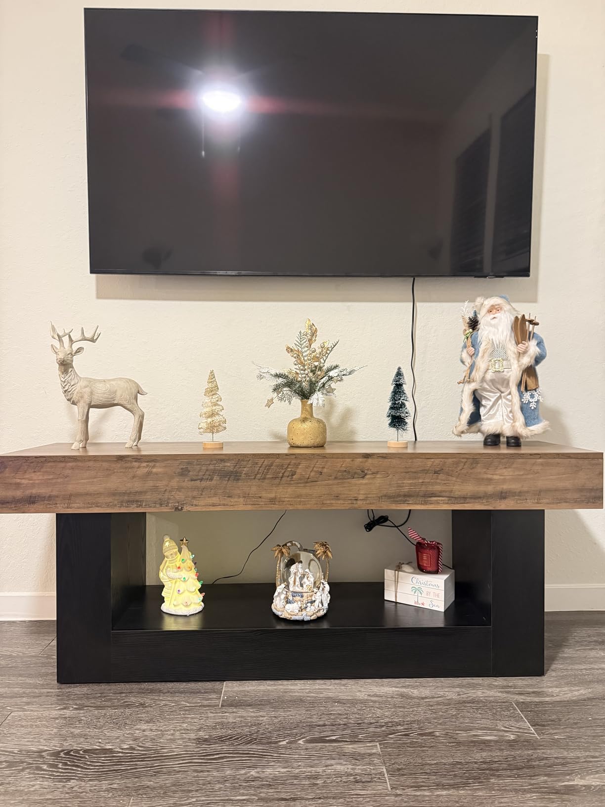 LITTLE TREE 63 Inches Long TV Stand for TVs Up to 70 Inches, Modern Television Stand for Living Room, Entertainment Center with U-Shaped Pedestal & Open Storage Shelf, Media TV Console, Brown & Black customer photo 1
