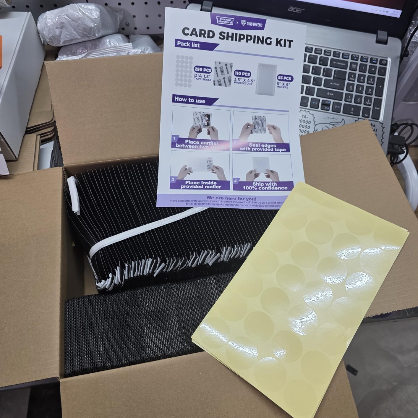 Ding Defend Card Shipping Protector Envelope Bubble Mailer Kit with 110 Card Shipping Protectors (3.5x4.5 Inches), 55 Bubbles Mailers, 250 Tape Seals for Collectible Cards - Black customer photo 1