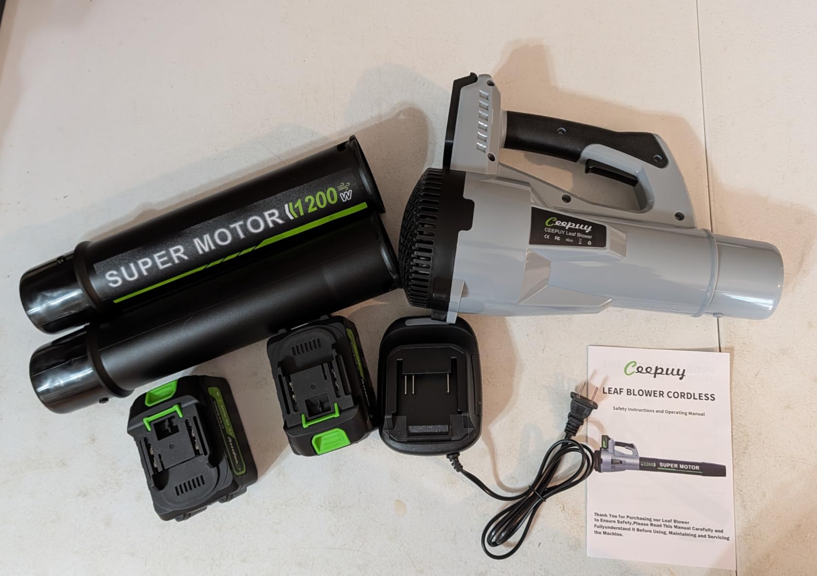 CEEPUY Brushless Cordless Leaf Blower, 735CFM Electric Leaf Blower with 2×6.0Ah Batteries & Fast Charger, 6 Speed Levels, Lightweight Battery Leaf Blower for Lawn Care, Yard, Garden, Patio - Dark gray customer photo 1