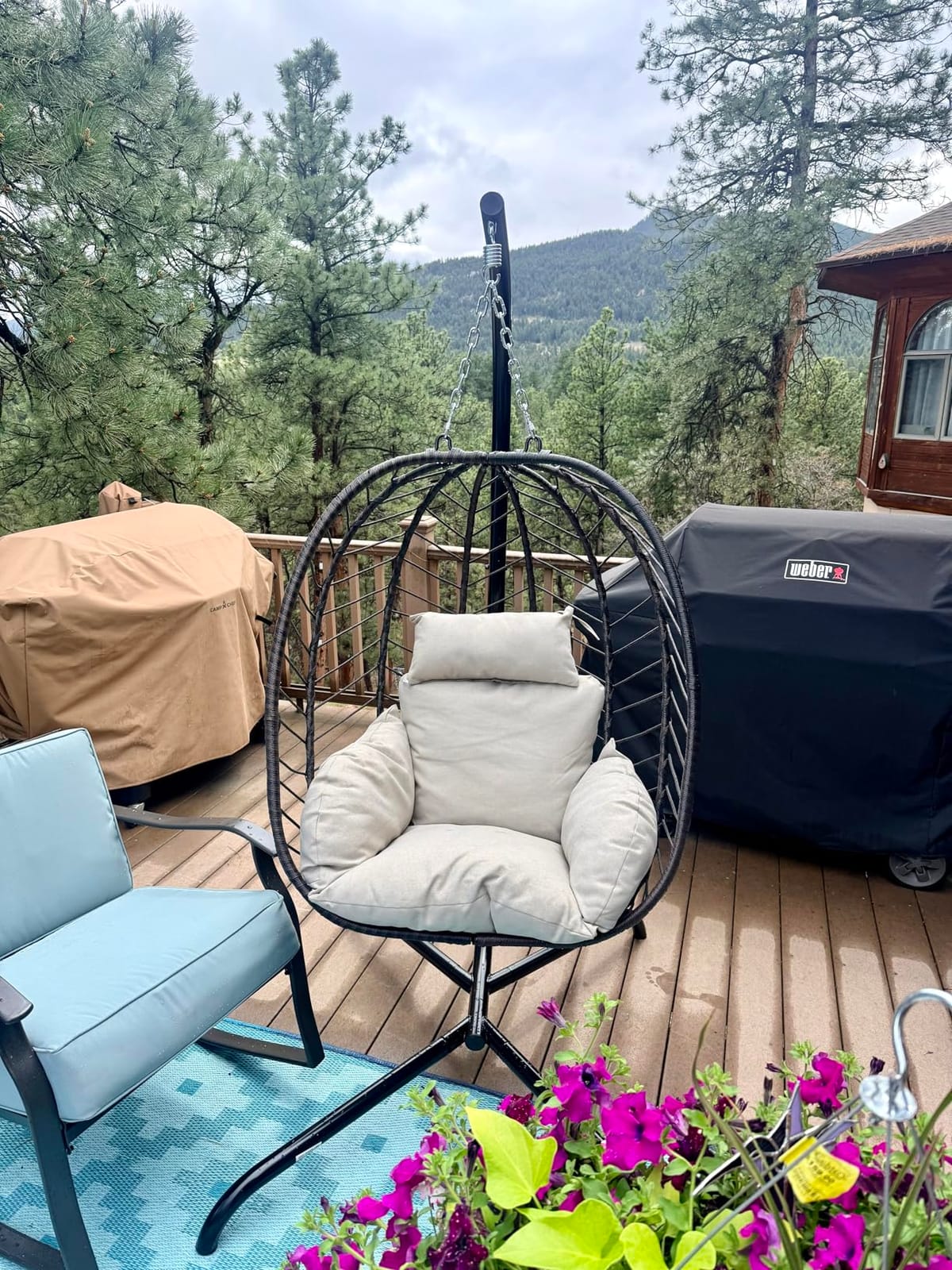 ALAULM Foldable Egg Chair with Stand, 485LBS Capacity Wicker Rattan Hammock Swing Chair for Outdoor & Indoor, Patio Hanging Chair with Strong Frame & UV Resistant Cushion for Balcony, Bedroom, Blue customer photo 2