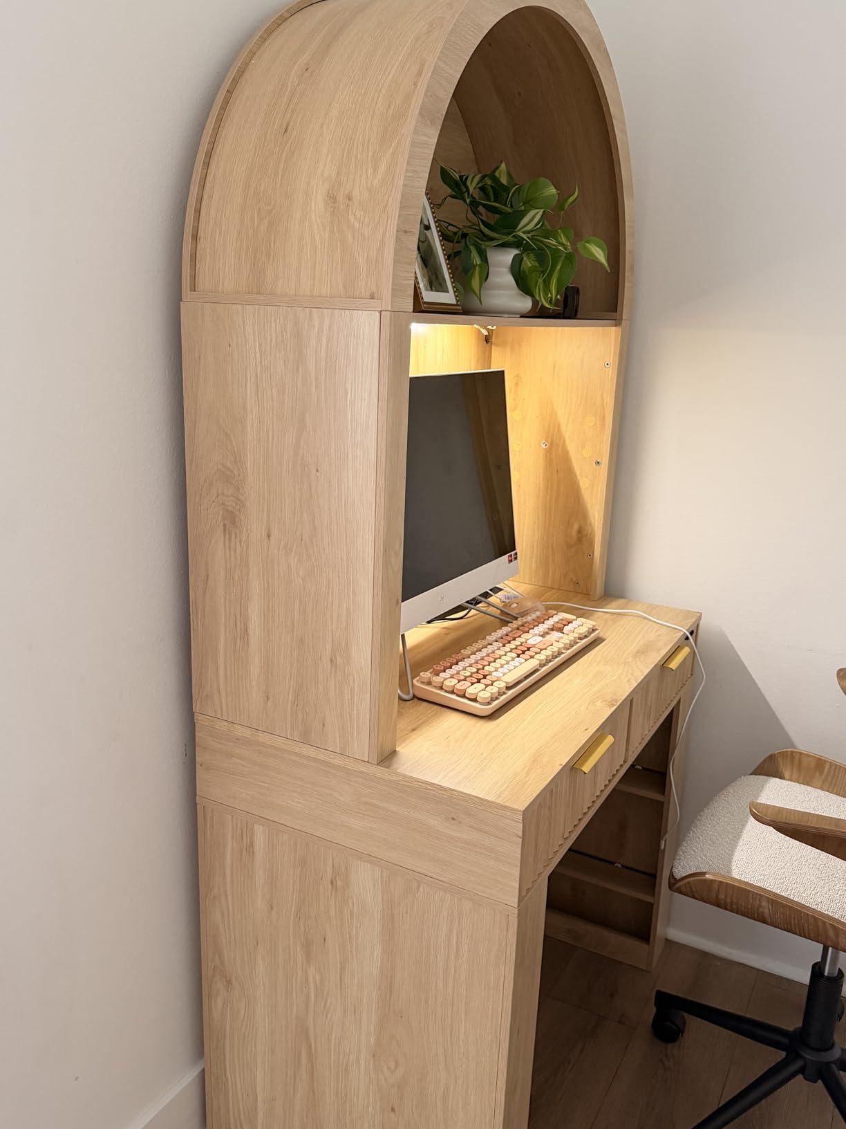 Arched Writing Desk with Hutch, Home Office Desk with 2 Drawers, Secretary Desk with Outlets, 3 Color LED Lights, Open Shelves, Computer Desk for Small Space, Bedroom 35.4