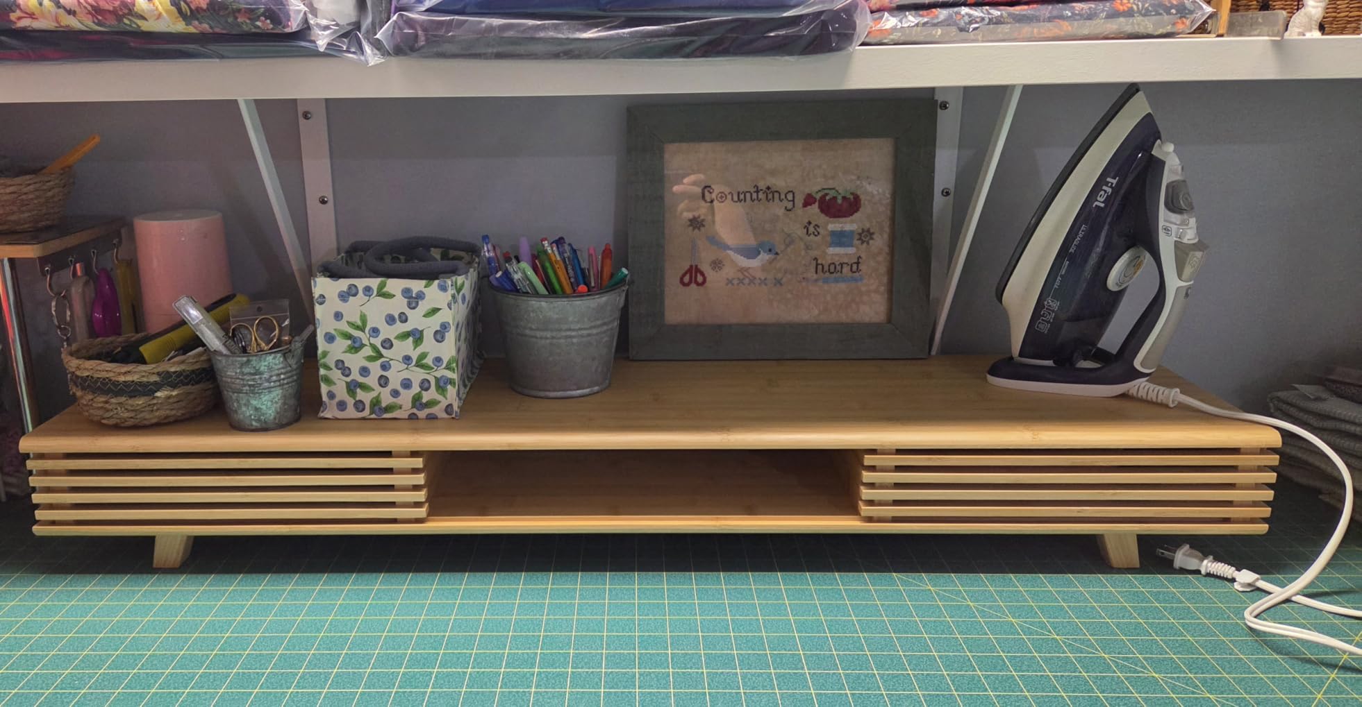 Bamboo 42” Dual Monitor Stand with Sliding Doors Desk Shelf customer photo 2