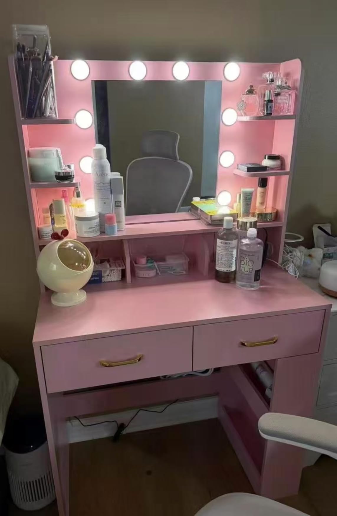 COMHOMA Vanity Desk with 3-Way Mirror and Lights, Makeup Vanity with 360° View Mirror, 3 Lighting Modes, 6 Drawers,Storage Cabinet Fluted Wood Vanity Table with Jewelry Hook for Women Girls customer photo 1