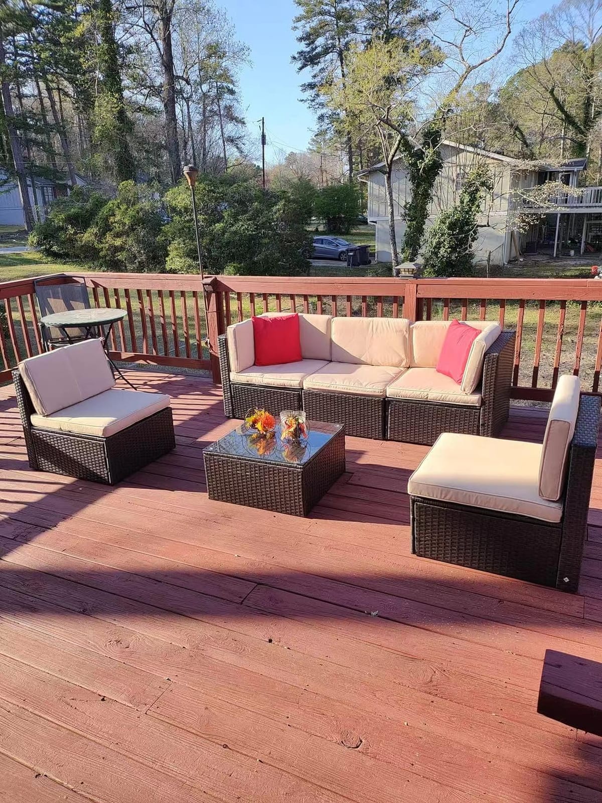 Shintenchi 7 Pieces Patio Furniture Sets Outdoor All-Weather Sectional Patio Sofa Set PE Rattan Manual Weaving Wicker Patio Conversation Set with Glass Table&Ottoman Cushion and Red Pillows, Blue customer photo 1