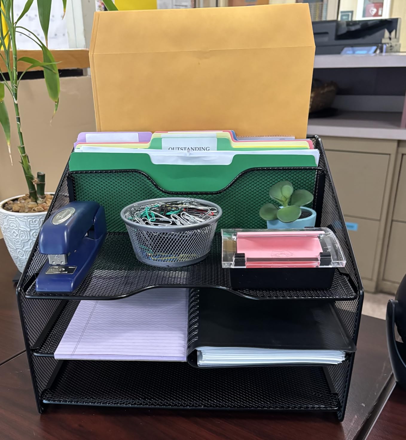 Samstar Desk File Organizer, Mesh Letter File Folder Holder with 3 Paper Trays and 2 Vertical Upright Section, for Office Supplies,Desk Accessories & Workspace,Black. customer photo 1