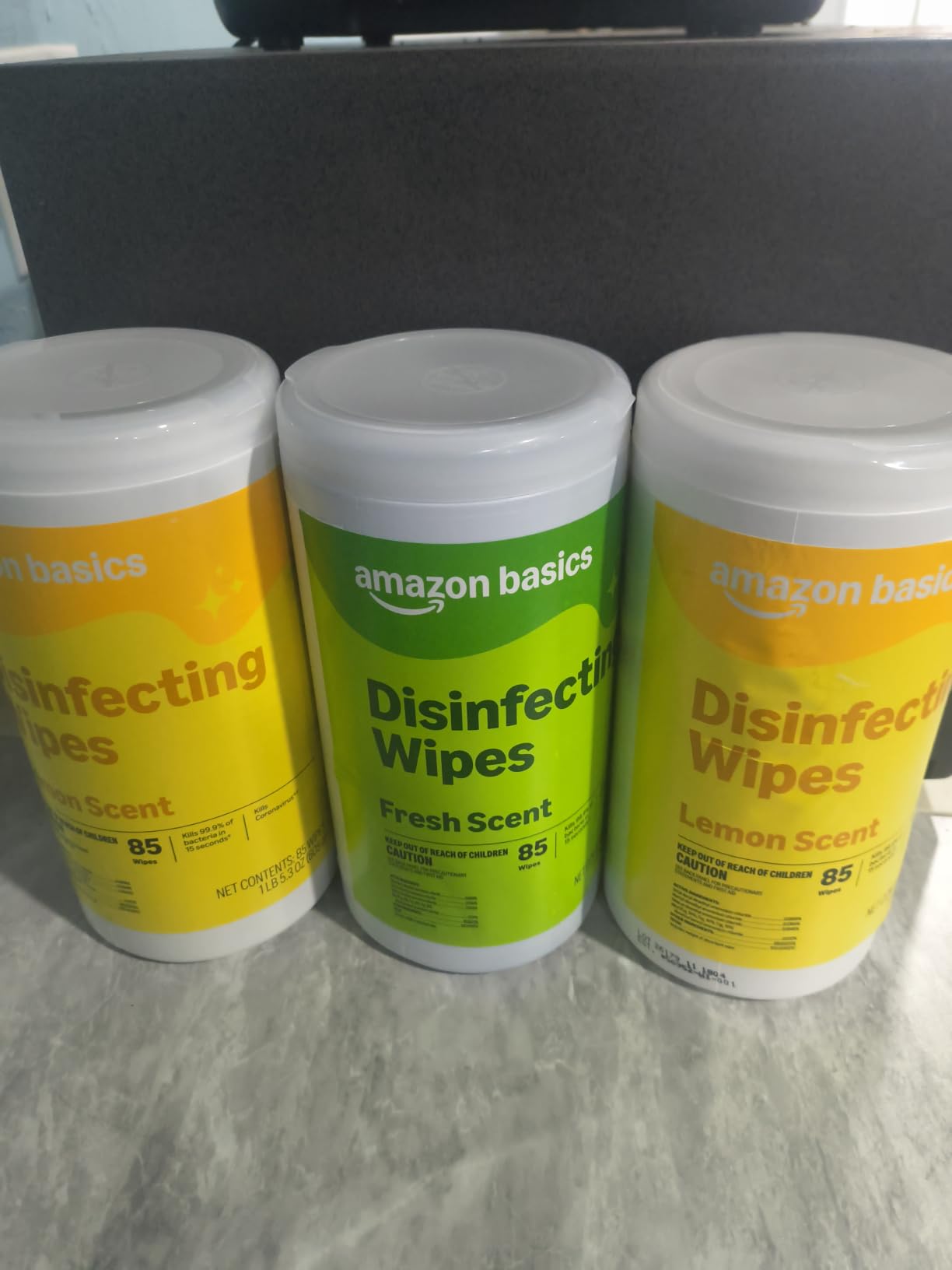 Amazon Basics Disinfecting Wipes, Lemon & Fresh Scent, Sanitizes, Cleans, Disinfects & Deodorizes, 255 Count (3 Packs of 85), Packaging May Vary customer photo 1
