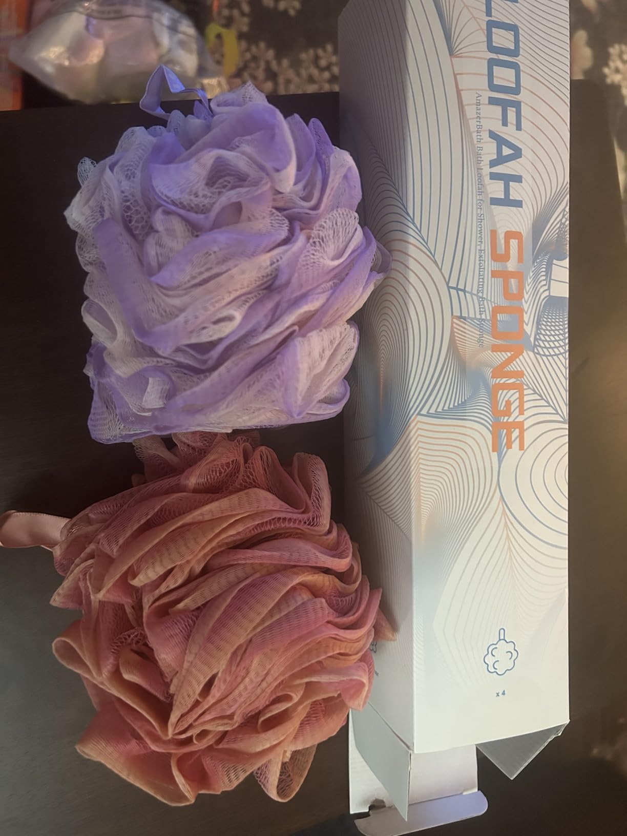 AmazerBath Loofah Sponge 75g/Piece, Exfoliating Bath Sponge Body Scrubber - Loofa Set of 4 Flower Color (Large, Green-Purple) customer photo 2