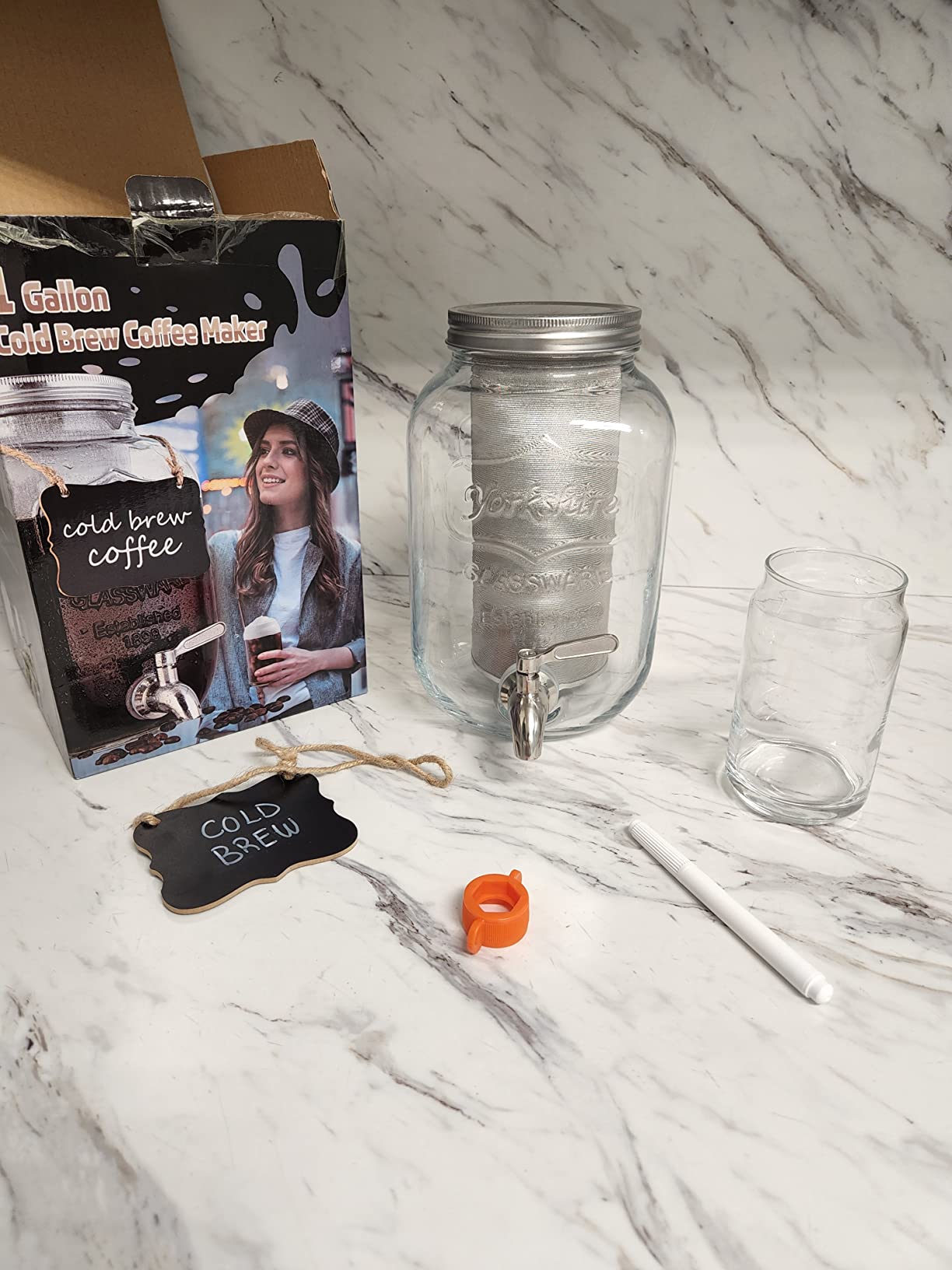 1 Gallon Cold Brew Coffee Maker - 3rd Generation Fine Mesh Filter - Stainless Steel Spigot - Extra Thick Large Glass Mason Jar Drink Dispenser Carafe, Iced Coffee Maker & Sun Tea Pitcher with Infuser. customer photo 1